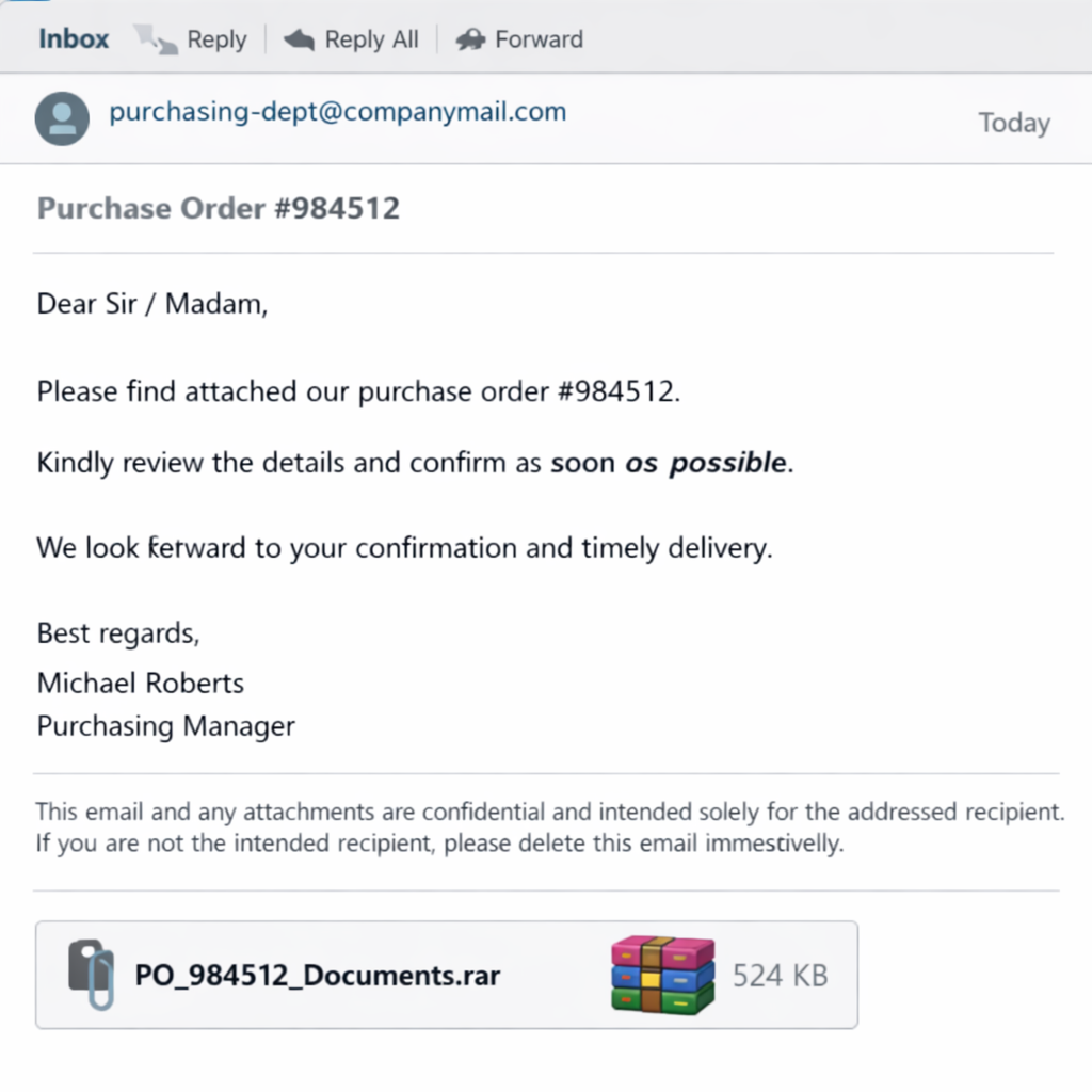 Email from purchasing-dept@companymail.com requesting review and confirmation of purchase order 984512 with a RAR file attachment.