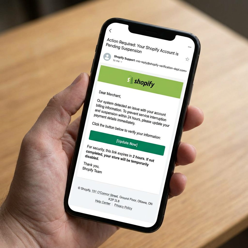 Phone showing a fake Shopify suspension email with an Update Now button