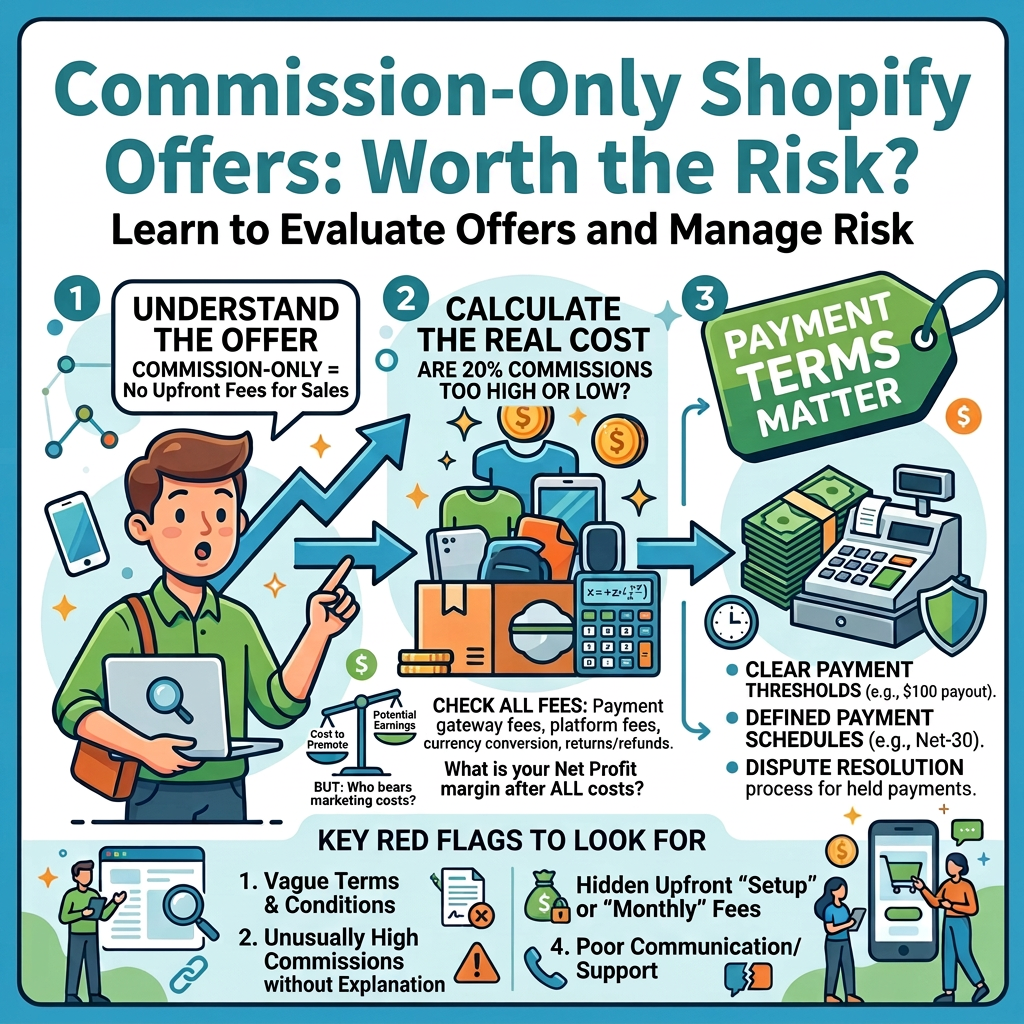 Infographic titled “Commission-Only Shopify Offers: Worth the Risk?” with steps to understand the offer, calculate real costs, check payment terms, and identify red flags including vague terms, high commissions, hidden fees, and poor support.